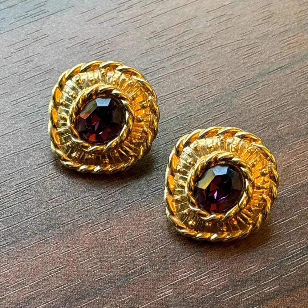 1980s Vonelle Earrings Purple Swarovski Crystal in Gold Tone Metal Vintage